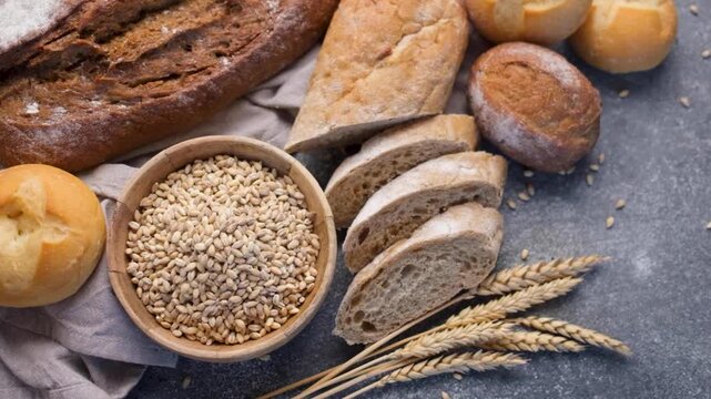 Fresh baked bread assortment and wheat grains