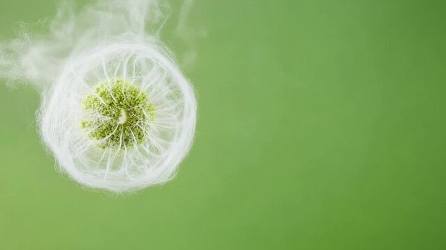Dandelion Seed Head Burst: A close-up shot reveals the delicate, feathery structure of a dandelion seed head, with wisps of its parachutes caught in motion against a soft green background.