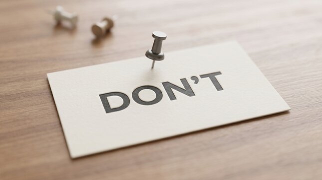 Card with the word DON'T pinned to a wooden surface