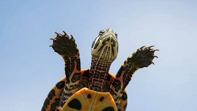 Curious aquatic turtle reaching upward against a clear blue sky