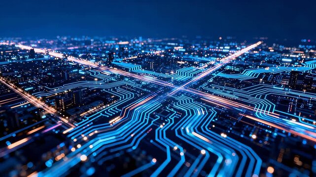 Night city skyline with glowing blue and orange digital circuit patterns