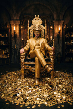 Masked man in a golden suit sitting on a throne in between gold coins and jewelry