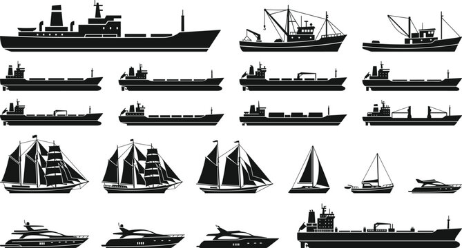 Marine Ship and Boat Silhouette Collection Featuring Cargo Vessels Sailboats Yachts and Fishing Trawlers Vector Icons