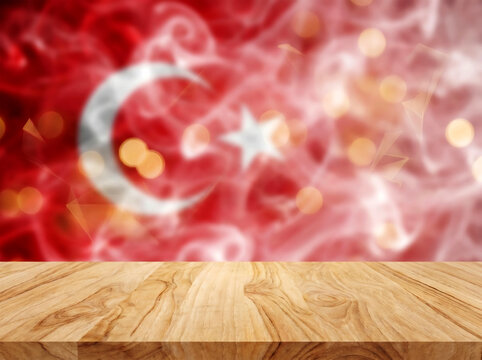Turkey flag background with wooden table for national Republic Day celebration product display marketing mockup.