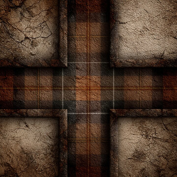 Brown Plaid Cross Texture With Grunge Four Corner Panels And Rustic Framed Design