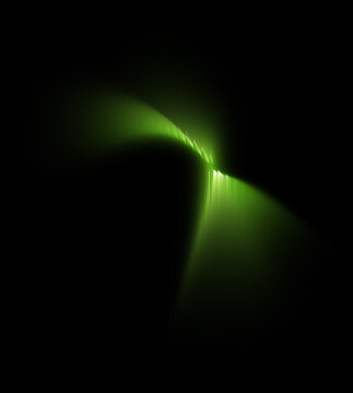 Dark green glass t-shape blob on black with bright ripple glow ray