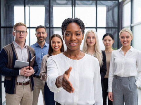 Professional young African American businesswoman extending a handshake to welcome new business partners.