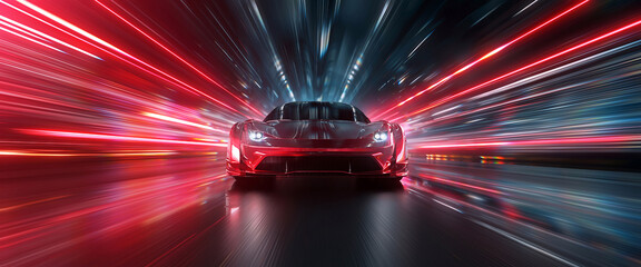 Sleek red sports car racing at high speed on neon highway. Power acceleration on a night track with colorful lights. Futuristic digital background. Concept of velocity and technology. 3d illustration © Ilia_Levchenko
