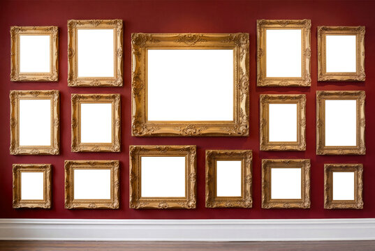 Variety of  golden baroque picture frames arranged at  museum wall, blank canvas isolated with transparency. Creation supported by generative AI.