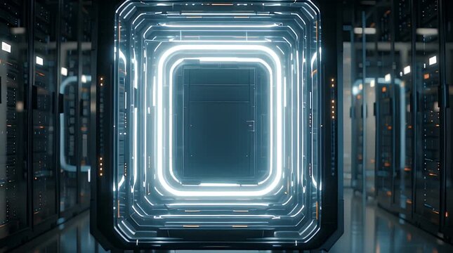 Data center server room glowing with neon portal frame in a symmetric high-tech corridor cinematic shot for technology marketing