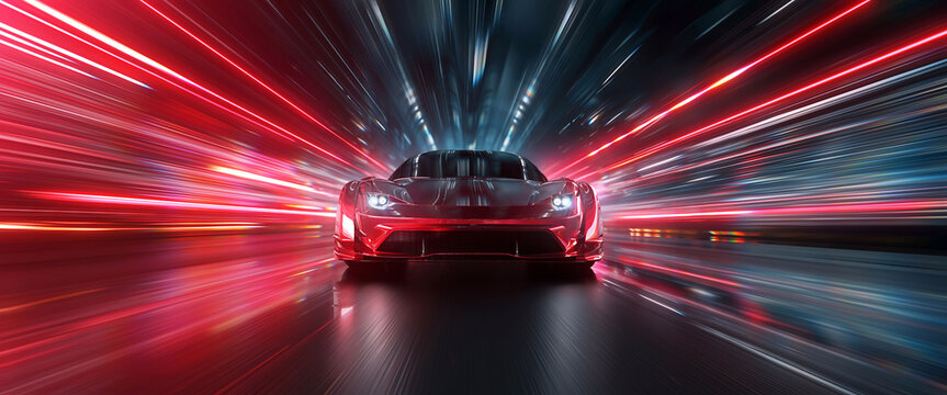 Sleek red sports car racing at high speed on neon highway. Power acceleration on a night track with colorful lights. Futuristic digital background. Concept of velocity and technology. 3d illustration