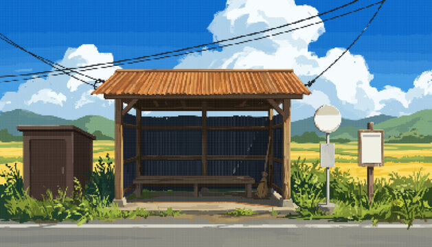 Pixel Art Japanese Rural Bus Stop with Wooden Shelter, Broom, Rice Fields, and Blue Summer Sky