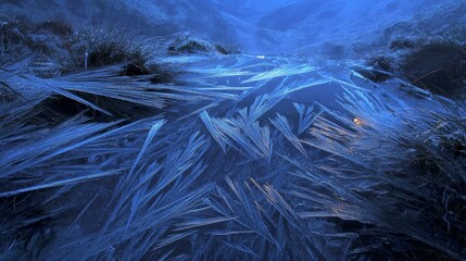 Fototapeta premium Intricate Fractured Ice Crystal Patterns Shimmering With Blue Light on a Frozen Surface