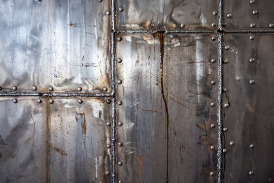 Steel backdrop with rivets and welding seams, vintage steampunk style. Made with support of AI.