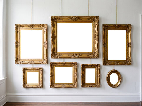 Variety of  golden baroque picture frames arranged at  gallery wall, blank canvas isolated with transparency. Creation supported by generative AI.