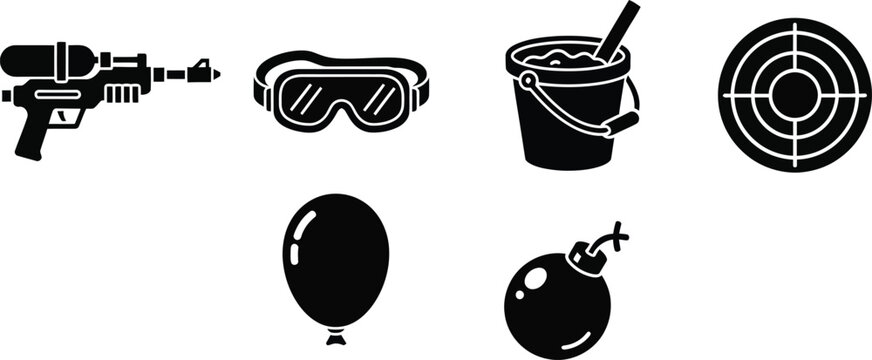 Black of a water gun, goggles, bucket, target, balloon, and bomb on white background, black and white