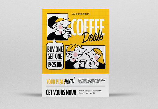 Black and Yellow Illustrative Coffee Deals Flyer