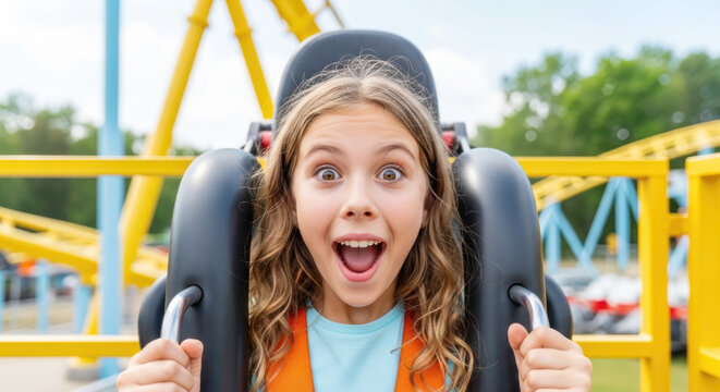 Young girl with curly hair excitedly prepares for roller coaster ride at amusement park, safety harness secured and colorful ride structure visible