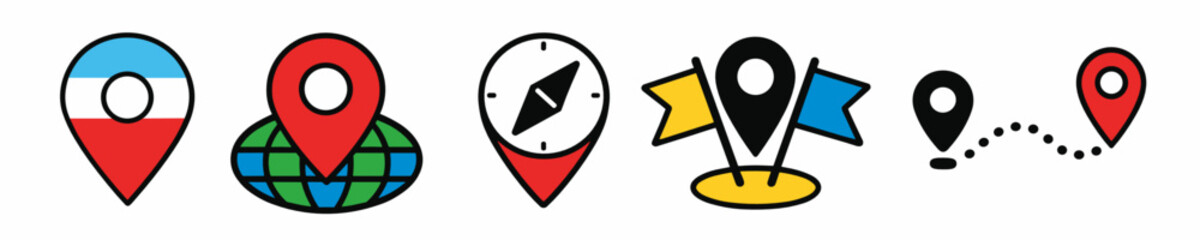 Naklejka premium Compact collection of six colorful map and navigation icons including location pins, globe marker, compass and directional flags. Complete geolocation icon set for apps and web design.