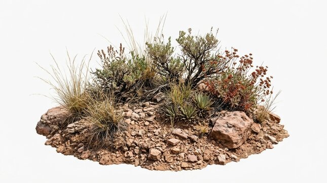 Desert scrub vegetation on rocky ground, arid landscape plants with dry soil and stones, wild sagebrush and desert grass isolated on white