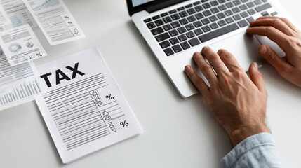 Tax Return Preparation: A person's hands are shown typing on a laptop keyboard next to a tax form and some documents, signifying tax preparation and financial management.