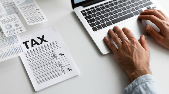 Tax Return Preparation: A person's hands are shown typing on a laptop keyboard next to a tax form and some documents, signifying tax preparation and financial management.