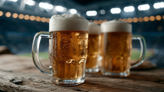 Cold Beer and Stadium Lights: Three frosty mugs of golden beer sit on a rustic wooden table, with blurred stadium lights creating a vibrant backdrop, perfect for a sports fan's delight.