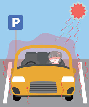 駐車場で車内に放置された小さな子どものイラスト｜熱中症の注意喚起イラスト