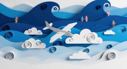 Fototapeta premium Paper Airplane Soaring Through Blue Waves and Clouds.