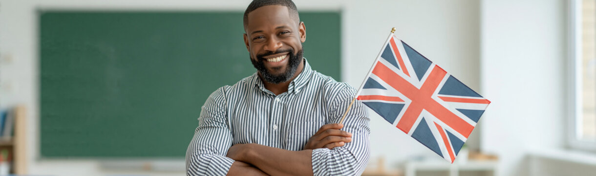 British Flag Teacher: A smiling teacher with arms crossed holds a small British flag, representing English language or cultural exchange in a classroom setting.