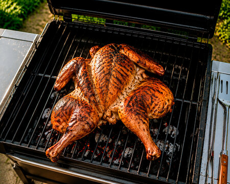 A whole, butterflied turkey is roasting on a charcoal grill. The splayed bird features a crispy skin and characteristic grill marks. A backyard barbecue cooking concept.