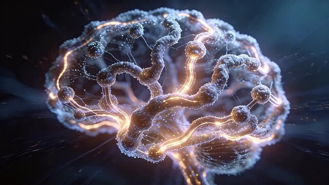 Microscopic neural network structure with glowing nodes and branching connections