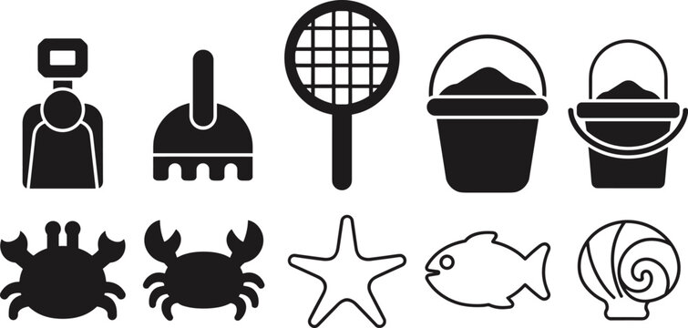 Beach sandbox toys and summer vacation icon set featuring sand buckets shovels rakes tennis racket crab starfish fish and beach ball silhouettes