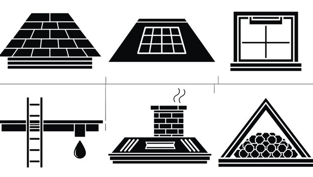 House roofing and construction repair icon set with roof tiles window chimney solar panel and ladder
