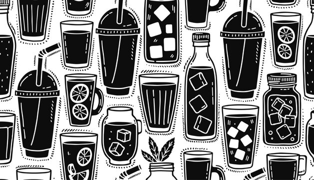 Seamless refreshing drink pattern with hand drawn iced coffee cups bubble tea glass mugs lemonade jars and bottles with ice cubes for cafe background wallpaper textile