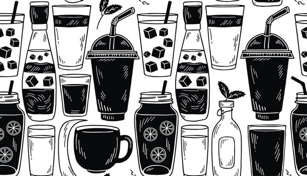 Seamless beverage pattern featuring hand drawn iced coffee cups cocktail glasses refreshing lemonade jars boba tea mugs and bottles for cafe wallpaper textile packaging background
