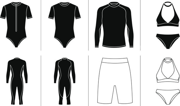 Athletic swimwear and water sports apparel silhouette set featuring rash guards long sleeve wetsuits surf bodysuits board shorts and halter bikini sets vector design assets