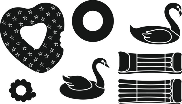 Inflatable pool float and swim ring silhouette set featuring star patterned heart ring swan mattress lounge bed and water tubes for summer beach vacation graphics