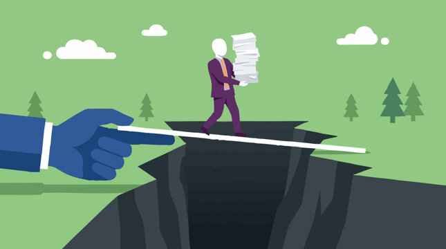 Businessman balancing heavy workload over a chasm with supportive hand