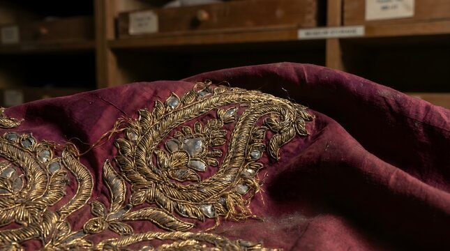 Antique royal fabric with luxury gold zardozi paisley embroidery inside vintage museum archives storage room
