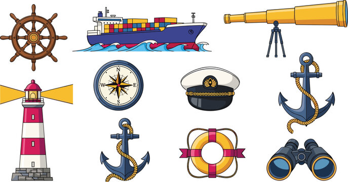 Maritime Nautical and Marine Navigation Vector Icon Set with Cargo Ships Lighthouses Anchors Compasses and Captain Hats