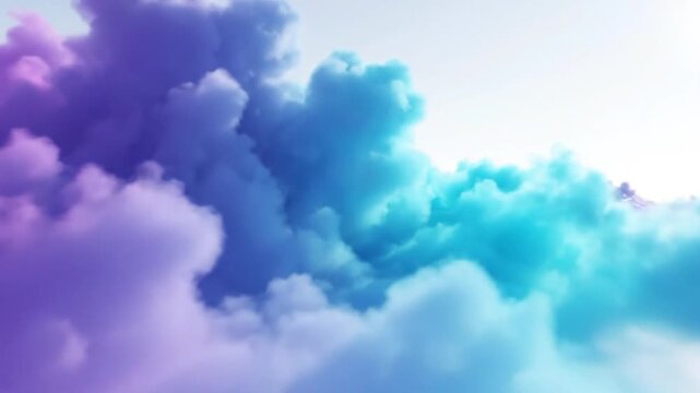 Detailed abstract landscape of fluffy clouds with a gradient of pastel purple, violet, and turquoise blue hues drifting across a bright white background, resembling colored smoke or steam.