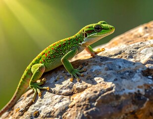 Fototapeta premium Vibrant Green Gecko Resting on Sunlit Rock in Natural Outdoor Setting