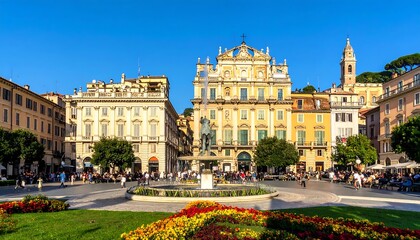 Naklejka premium Historic City Square with Ornate Buildings and Central Fountain Under Clear Blue Sky