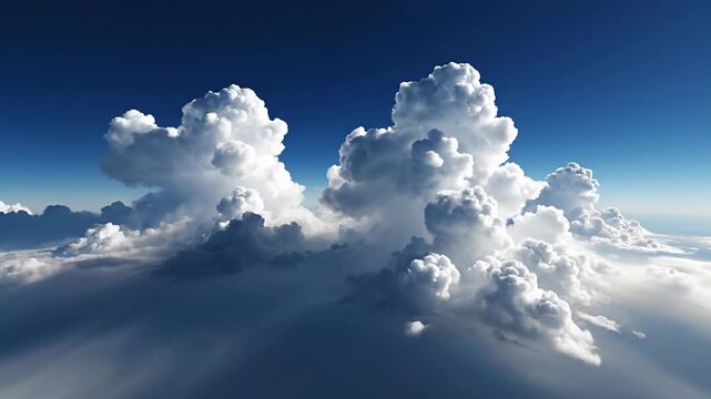 Aerial view of majestic cumulus clouds forming in a clear blue sky, capturing the vastness of the atmosphere and weather patterns from high altitude.