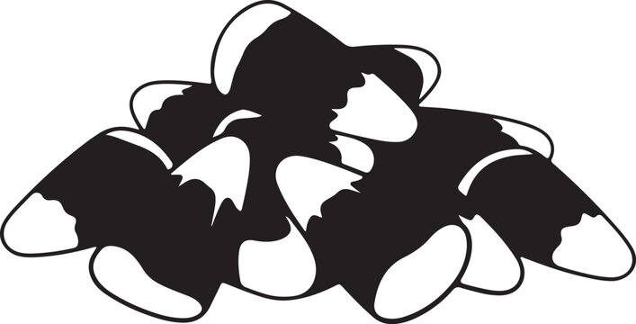 Halloween candy corn pile vector illustration, black and white autumn sweets icon, minimalist holiday treat graphic for seasonal decor