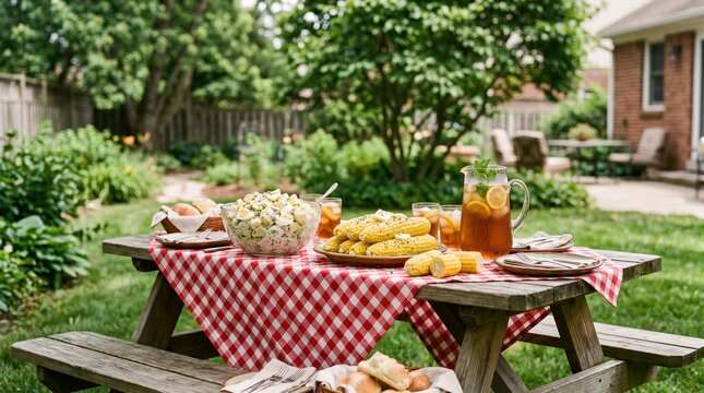 A festive outdoor picnic scene on a classic wooden picnic table in a lush backyard, featuring a red and white checkered tablecloth, bowls of snacks, fresh corn on the cob, and a pitcher of iced tea.