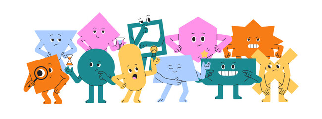 Cute geometric shapes group stands together. Various funny figures with different emotions. Characters with happy, sad, angry and thinking faces. Flat isolated vector illustration on white background © Paper Trident