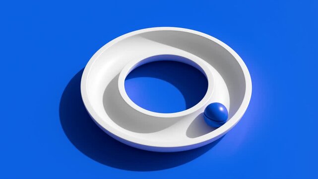 Abstract white circular track Geometry, Curved Stack Ring Design with Rolling ball on Blue Background, 3D Render, Looping animation