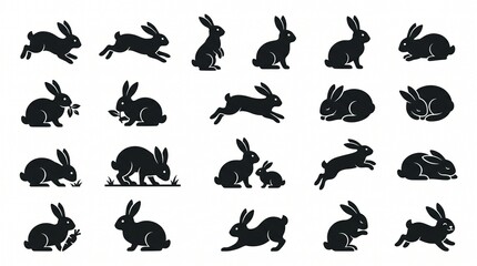 Obraz premium Collection of Rabbit Silhouettes in Various Poses and Positions on White Background